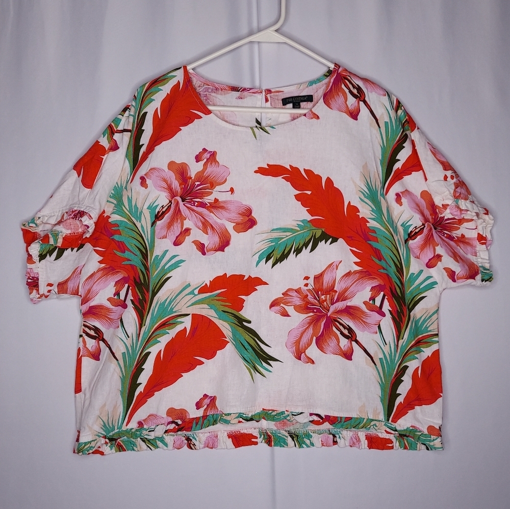 For Cynthia Top 1X Linen Blend Tropical Floral Ruffle Short Sleeve Keyhole Shirt